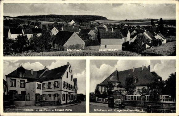Ak Mehlbach Rheinland Pfalz, Schule, Kriegerdenkmal, Bäckerei Eduard Kühn, Totale