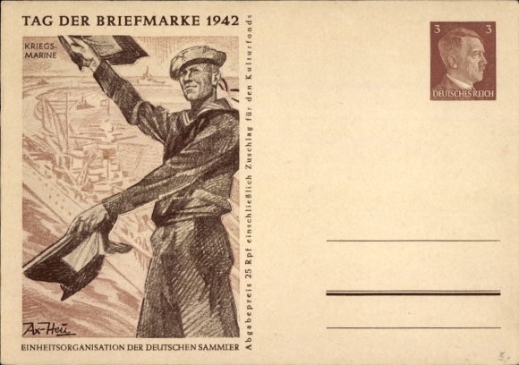 Postwaardestuk kunstenaarsbriefkaart Axster Heudtlaß, Postzegeldag 1942, Marine