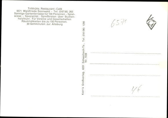 Postcard Waldfriede im Soonwald Seesbach Hunsrück, Cafe &quot;Das Spießbratenhaus&quot;, Alteburg, Trifthütte