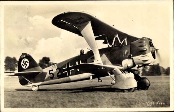 Postcard German Air Force, fighter aircraft, crash single-seater fighter Henschel Hs 123, 52 13