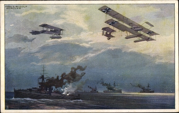 Artist PC Schulze, Hans Rudolf, seaplanes over the English fleet, I. WW