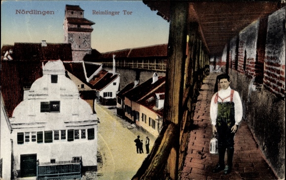 KP Nördlingen im Nördlinger Ries Swabia, Reimlinger Tor, mężczyzna w kostiumie