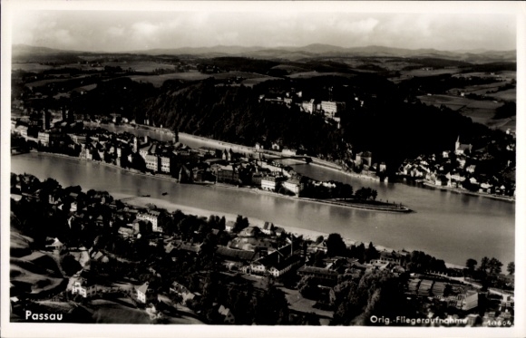 Postcard Passau in Lower Bavaria, aerial photograph