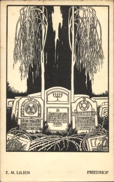 Judaica artist Postcard Lilies, EM, Cemetery, Songs of the Ghetto