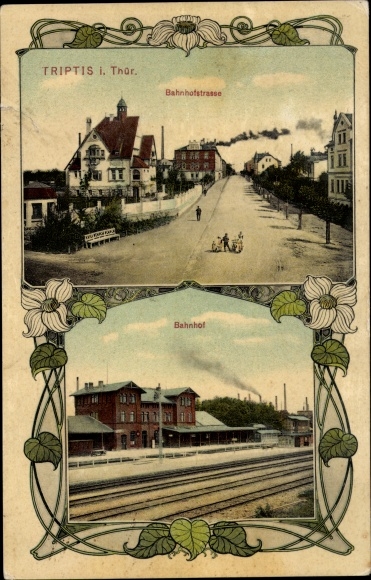 Art Nouveau PC Triptis in Thuringia, train station, track side, Bahnhofstrasse