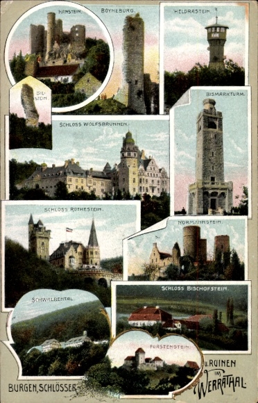 Postcard Kieselbach in the Werra Valley Thuringia, Hanstein Castle, Boyneburg, Heldrstein, Wolfsbrunne Castle...