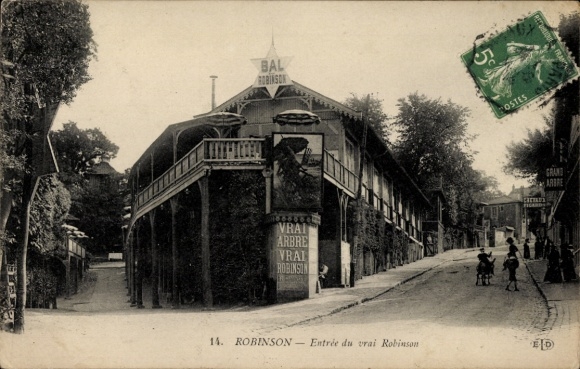 Postcard Robinson Hauts de Seine, Bal Vrai Arbre, large tree, entertainment, entrance
