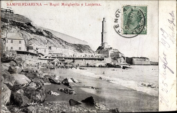 Postcard Sampierdarena Genoa Genua Liguria, Bagni Margherita and Lanterna