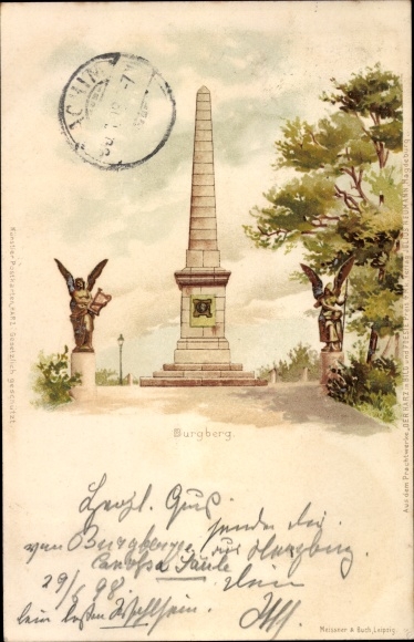 Chromo-Litho Bad Harzburg, castle hill, view of obelisk, angel statue