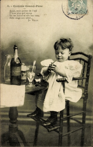 Photo Postcard Portrait, girl with tobacco pipe in high chair
