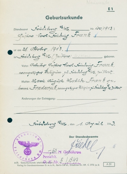 Geburtsurkunde, 28. Oktober 1913, Karl Frank, Strzelce Krajeńskie