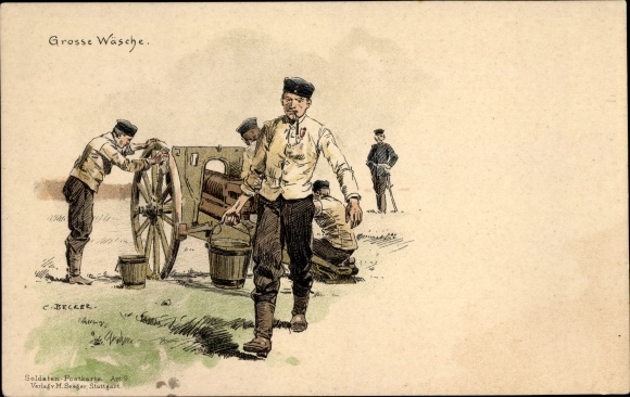 Artist Chromo-Litho Becker, C., Large wash, soldiers clean gun