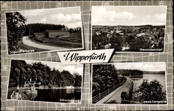 Ak Wipperfürth Oberbergischer Kreis, Neye-dam, jeugdherberg, zwembad, algemeen uitzicht