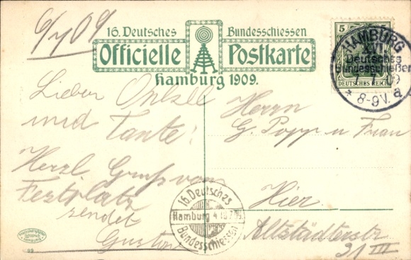 Artist Postcard Hamburg Mitte, main portal architect master builder Göbel, 16th Federal Shooting Competition 1909