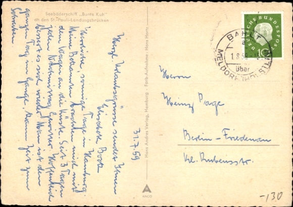 Postcard Hamburg, seaside resort ship Bunte Kuh at the St. Pauli landing stage