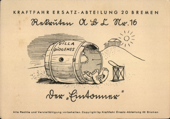 Artist Postcard Motor Vehicle Replacement Department 20, Recruits ABL 16, Eintonner