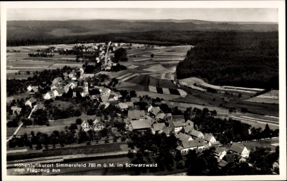 Postcard Simmersfeld in the Black Forest, aerial photograph of the Black Forest, high-altitude health resort, aircraft photograph