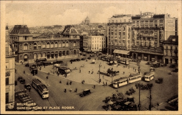 Postcard Brussels, Gare du Nord et Place Rogier, Tram at Nordbahnhof