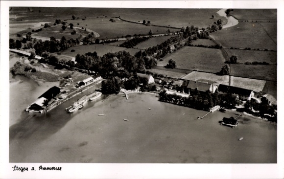 Postcard Stegen Inning am Ammersee, aerial photograph, Stegen, Ammersee, restaurant, Gasthof Schreyegg, nature