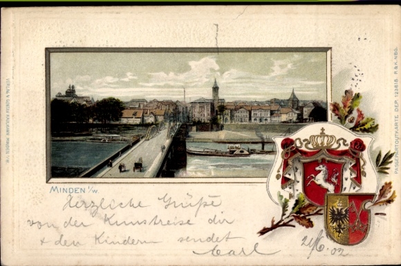 Präge Wappen Passepartout Ak Minden in Westfalen, Teilansicht, Brücke