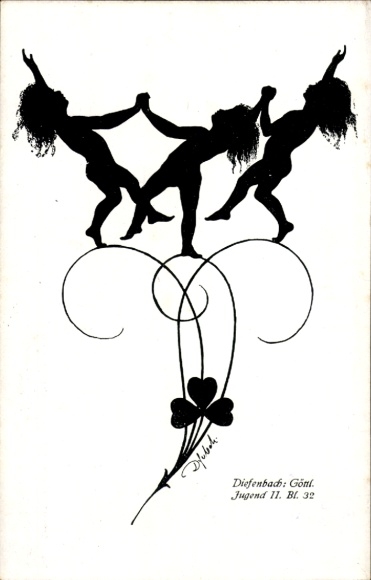 Papier gesneden ansichtkaart Diefenbach, goddelijke jeugd 2, blad 32, kinderdans