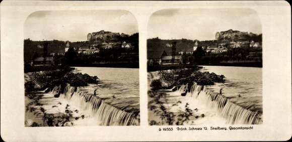 Stereo photo Streitberg Wiesenttal Franconian Switzerland, total view, weir