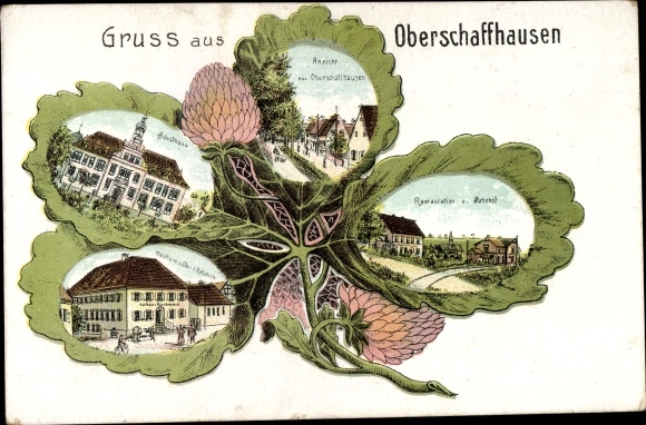 Kleeblatt Chromo-Litho Oberschaffhausen Bötzingen in the Black Forest, restoration, train station, school building