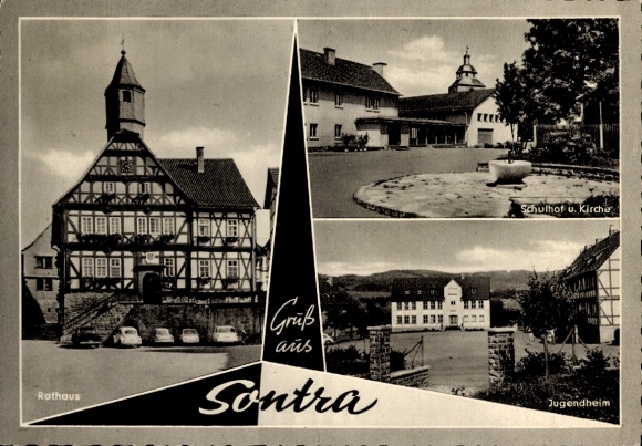 Postcard Sontra in Hessen, town hall, schoolyard and church, youth center