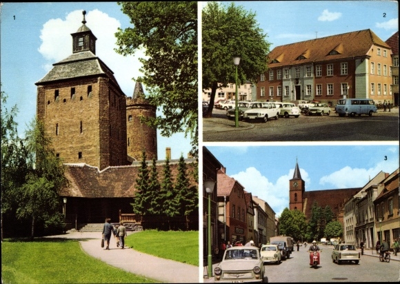 Postcard Bernau bei Berlin, Steintor and Hungerturm, town hall on Karl-Marx-Platz, Ernst-Thälmann-Strasse