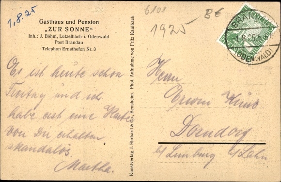 Postcard Lützelbach in the Odenwald Hesse, Pension Zur Sonne