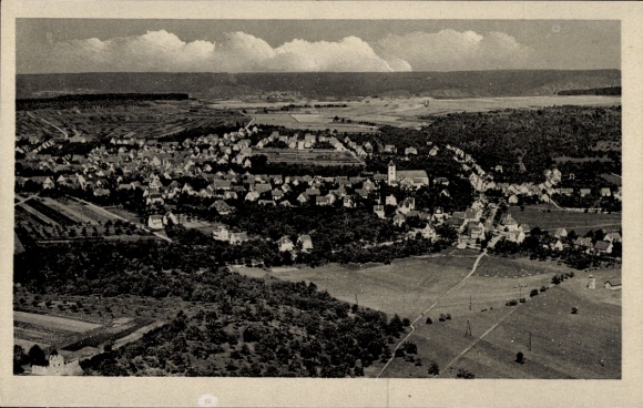 Postcard Köngen am Neckar, aerial view of townscape, green fields, residential buildings, church