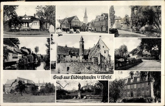 Postcard Lüdinghausen Münsterland, building views, river section, market square, church