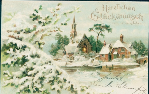 Glitter litho gefeliciteerd Kerstmis, kerk, huis, dennenboom