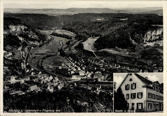Postcard Oberndorf am Wilden Kaiser Tyrol, aerial view of mountain landscape, Gasthaus z. Krone