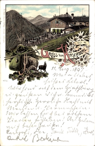 Chromo-Litho Kreuth am Tegernsee Upper Bavaria, Gründhütte am Hirschberg, Edelweiss