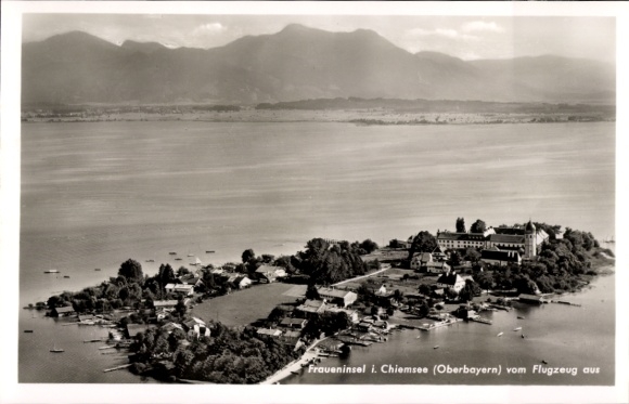 Postcard Frauenchiemsee Fraueninsel Chiemsee Upper Bavaria, aerial photograph Fraueninsel, Upper Bavaria, airplane
