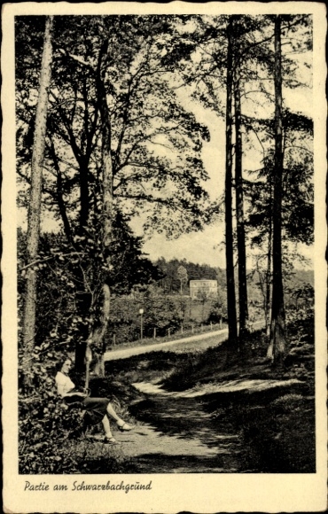 Postcard Schwarzbach in Thuringia, nature photograph, river landscape, forest, sitting woman