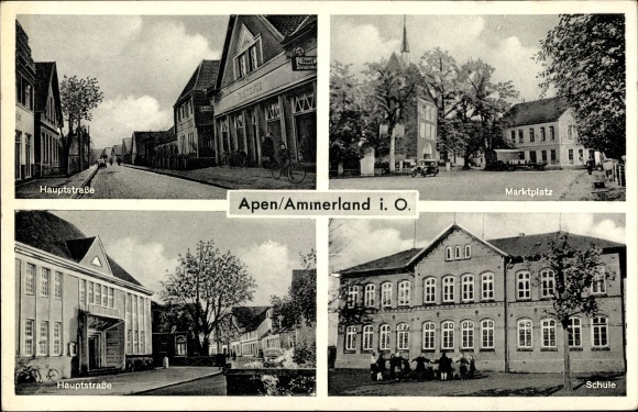 Postcard Apen in Oldenburg Ammerland, market square, school, main street