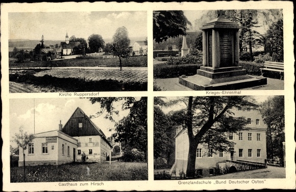 Ak Ruppersdorf Herrnhut Oberlausitz, Kirche, Kriegerdenkmal, Gasthaus zum Hirsch, Grenzlandschule