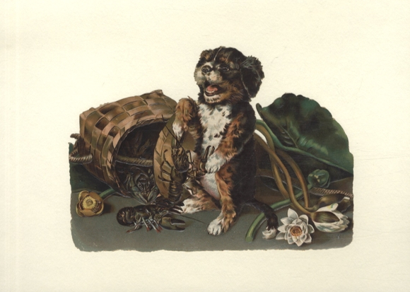 Oblate Small dog is bitten in the paw by a crab, water lilies, size approx. 14 x 20 cm