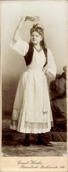 CdV Young woman in traditional costume, Helene Ludewig, standing portrait with tambourine, photographer Ernst Hinke, Rawitsch