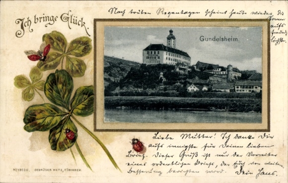 Embossed Passepartout Postcard Gundelsheim am Neckar Württemberg, partial view, clover, ladybird