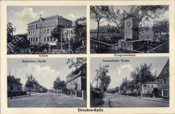 Postcard Dresden Kaitz, School, War Memorial, Boderitzer Straße, Possendorfer Straße