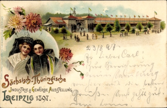 litho Leipzig, Saksische Thüringer Industrie- en Handelstentoonstelling 1897, vrouwen in klederdracht