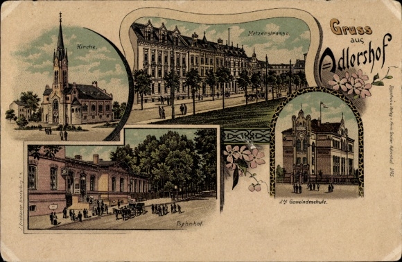 Postcard Berlin Treptow Adlershof, Church, Metzgersstraße, Train Station, 24 Community School,