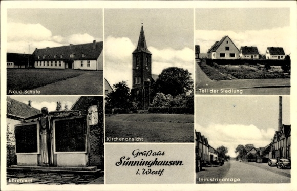 Ak Sünninghausen Oelde in Münsterland, Nieuwe school, Gedenkteken, Kerk, Nederzetting, Industrieel gebouw