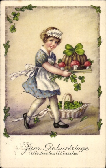 Postcard Happy Birthday, Girl, Cake, Four-leaf Clover, Mushrooms