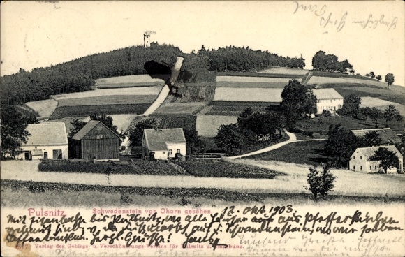 Postcard Pulsnitz Saxony, landscape photograph, hills and fields, view, old buildings