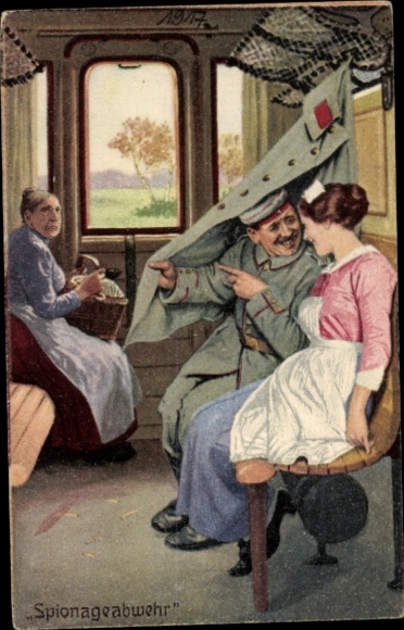 Artist Postcard Counter-espionage, Soldier, Nurse, Railway Compartment, Always Expert