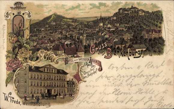 Chromo-Litho Blankenburg am Harz, Hotel zum Weissen Adler, general view, wine shop W. Frede